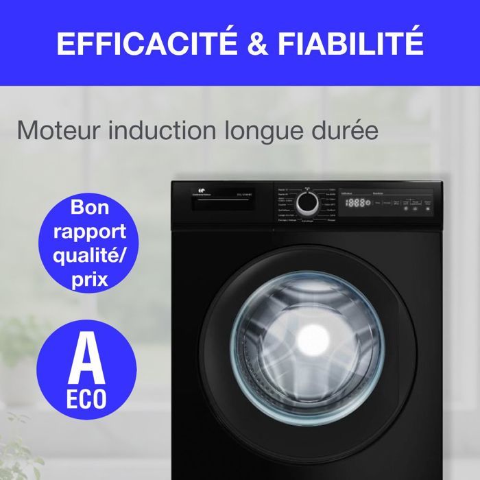 Lave-linge hublot CONTINENTAL EDISON CELL12140IBT - 12 kg - Largeur 59,6 cm - Classe A - 1400 trs/min - moteur induction - noir mat