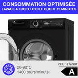 Lave-linge hublot CONTINENTAL EDISON CELL12140IBT - 12 kg - Largeur 59,6 cm - Classe A - 1400 trs/min - moteur induction - noir mat