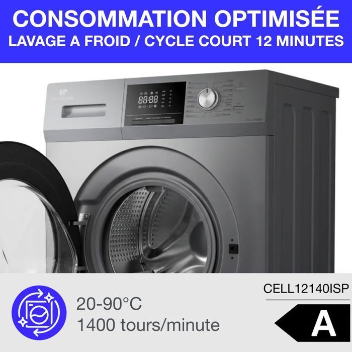 Lave-linge hublot - CONTINENTAL EDISON - CELL12140ISP - 12kg - Induction - 60 cm - 1400 trs/min - Silver