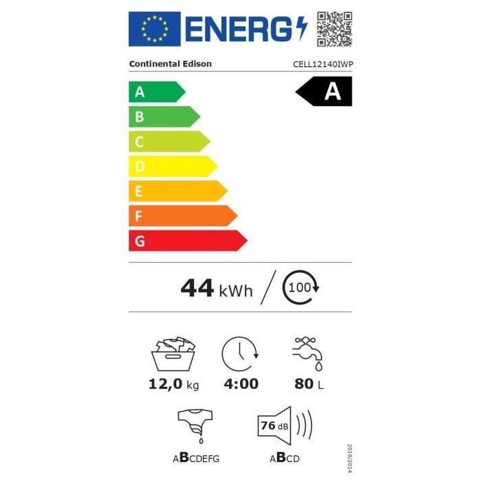 Lave-linge hublot - CONTINENTAL EDISON - CELL12140IWP - 12kg - Induction - 60 cm - 1400 trs/min - Blanc