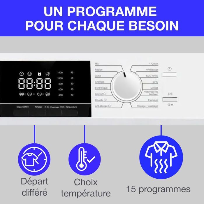Lave-linge hublot - CONTINENTAL EDISON - CELL12140IWP - 12kg - Induction - 60 cm - 1400 trs/min - Blanc