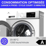 Lave-linge hublot - CONTINENTAL EDISON - CELL712IW3 - 7 kg - Induction - 60 cm - 1200 trs/min - Blanc