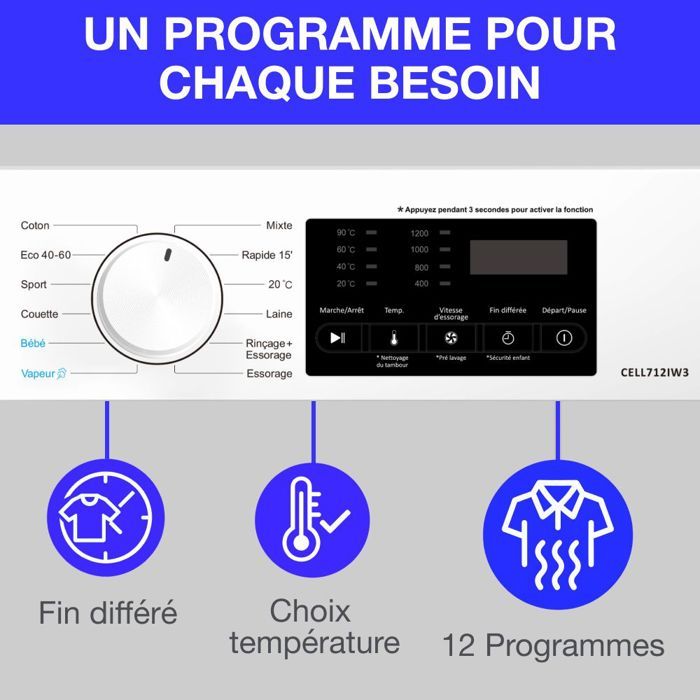 Lave-linge hublot - CONTINENTAL EDISON - CELL712IW3 - 7 kg - Induction - 60 cm - 1200 trs/min - Blanc