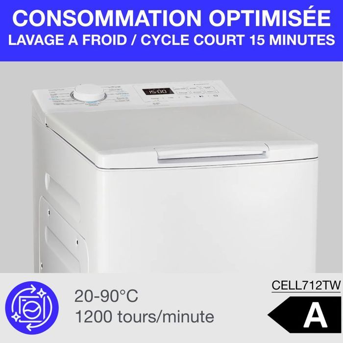 Lave-linge top - CONTINENTAL EDISON CELL712TW - 7 kg - Induction - 40 cm - 1200 trs/min - Blanc