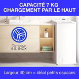 Lave-linge top - CONTINENTAL EDISON CELL712TW - 7 kg - Induction - 40 cm - 1200 trs/min - Blanc