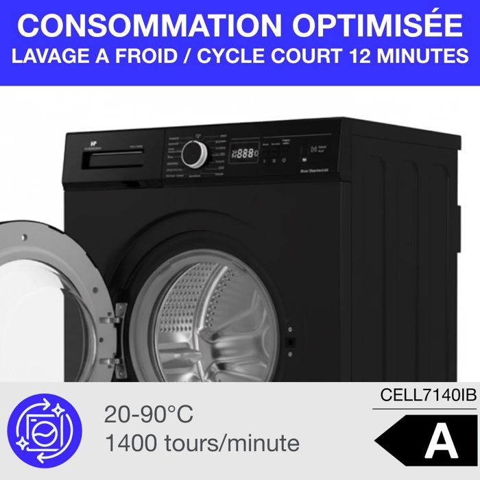 Lave-linge hublot CONTINENTAL EDISON CELL7140IB - 7kg - Largeur 59,6 cm - Classe A - 1400 trs/min - moteur induction - noir mat