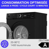 Lave-linge hublot CONTINENTAL EDISON CELL7140IB - 7kg - Largeur 59,6 cm - Classe A - 1400 trs/min - moteur induction - noir mat