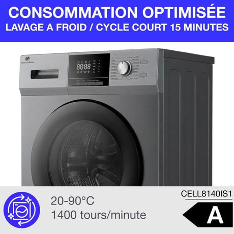 Lave-linge hublot - CONTINENTAL EDISON - CELL8140IS1 - 8kg - Moteur induction - 60 cm - 1400 trs/min - Silver