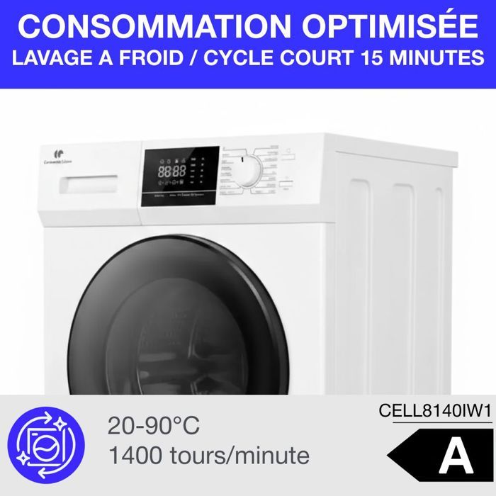 Lave-linge hublot - CONTINENTAL EDISON - CELL8140IW1 - 8kg - Moteur induction - 60 cm - 1400 trs/min - Blanc
