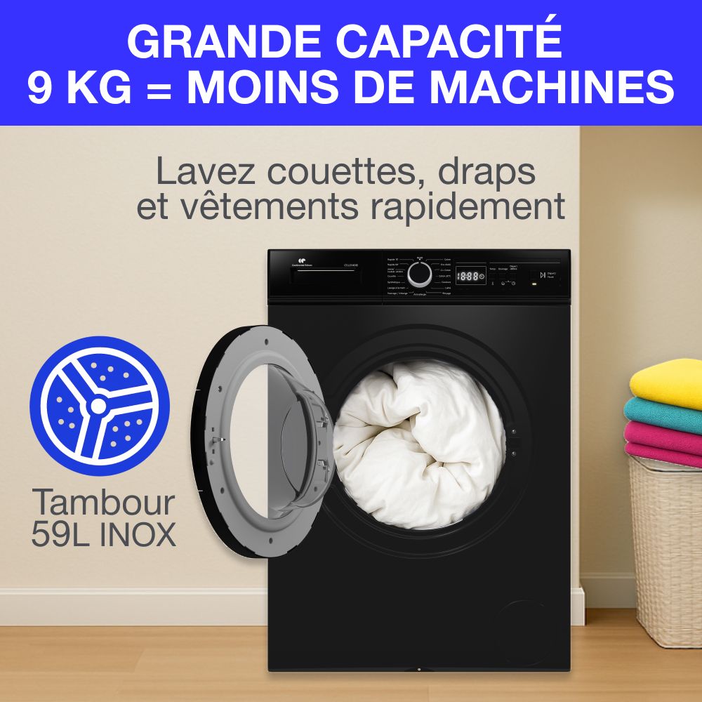 Lave-linge hublot CONTINENTAL EDISON CELL9140IB - 9kg - Largeur 59,6 cm - Classe A - 1400 trs - moteur induction - noir mat