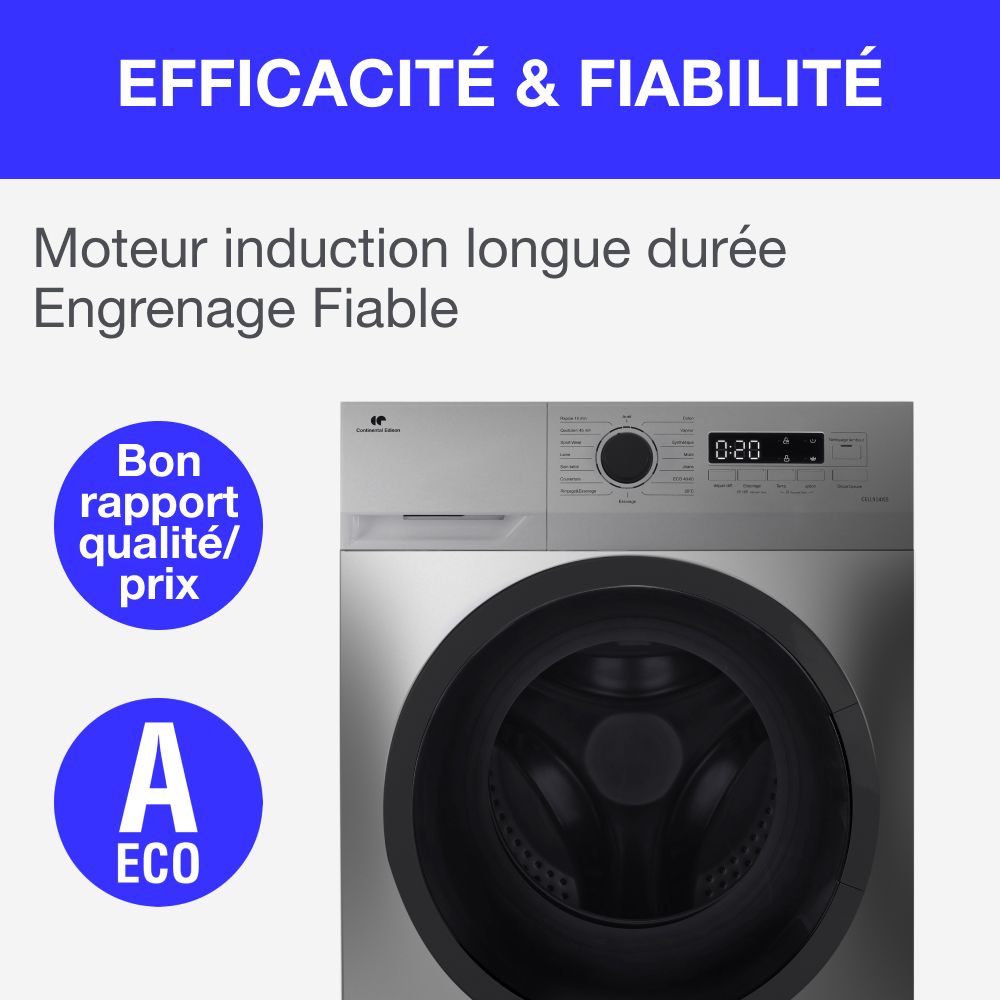 Lave-linge hublot CONTINENTAL EDISON CELL914ISS - 9 kg - Largeur 59,5 cm - Classe A -  1400 trs - moteur induction -Silver