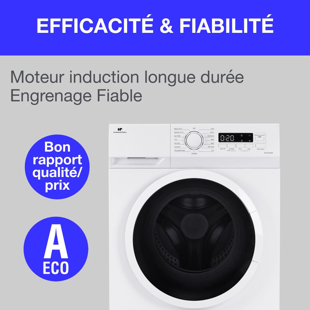 Lave-linge hublot CONTINENTAL EDISON CELL914IWS - 9 kg - Largeur 59,5 cm - Classe A -  1400 trs - moteur induction -Blanc