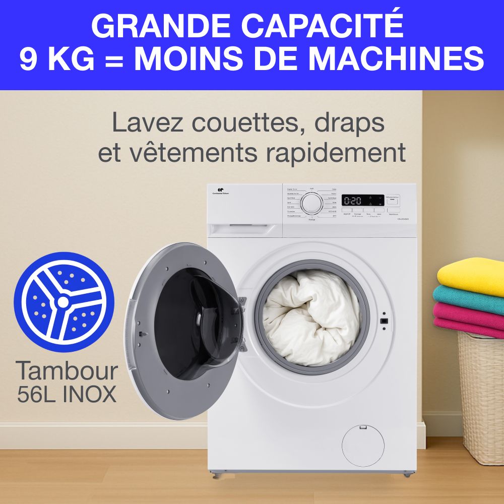 Lave-linge hublot CONTINENTAL EDISON CELL914IWS - 9 kg - Largeur 59,5 cm - Classe A -  1400 trs - moteur induction -Blanc