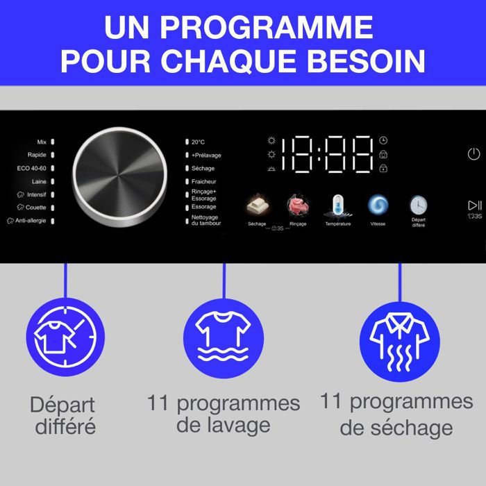 Lave-linge séchant - CONTINENTAL EDISON - CELS106W - 10kg / 6kg - Moteur induction directe - 60 cm - 1200 trs/min - Blanc