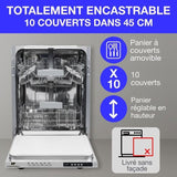 Lave-vaisselle encastrable CONTINENTAL EDISON CELV1045FI-10 couverts - Largeur44,8cm - Classe D - 45 dB - Blanc