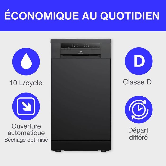 Lave-vaisselle pose libre - CONTINENTAL EDISON - CELV1145B - 11 couverts - 45 cm - 45 dB  - Noir