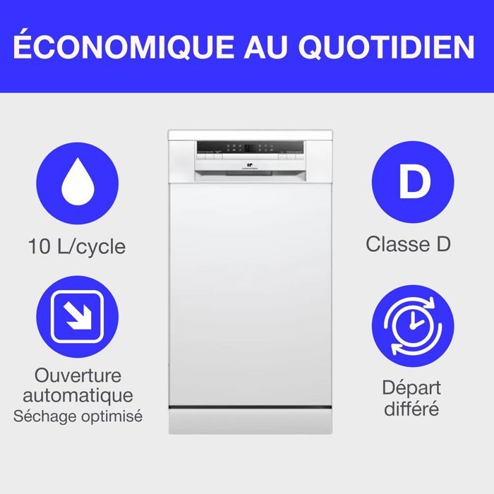 Lave-vaisselle pose libre - CONTINENTAL EDISON - CELV1145W - 11 couverts - 45 cm - 45 dB - Blanc