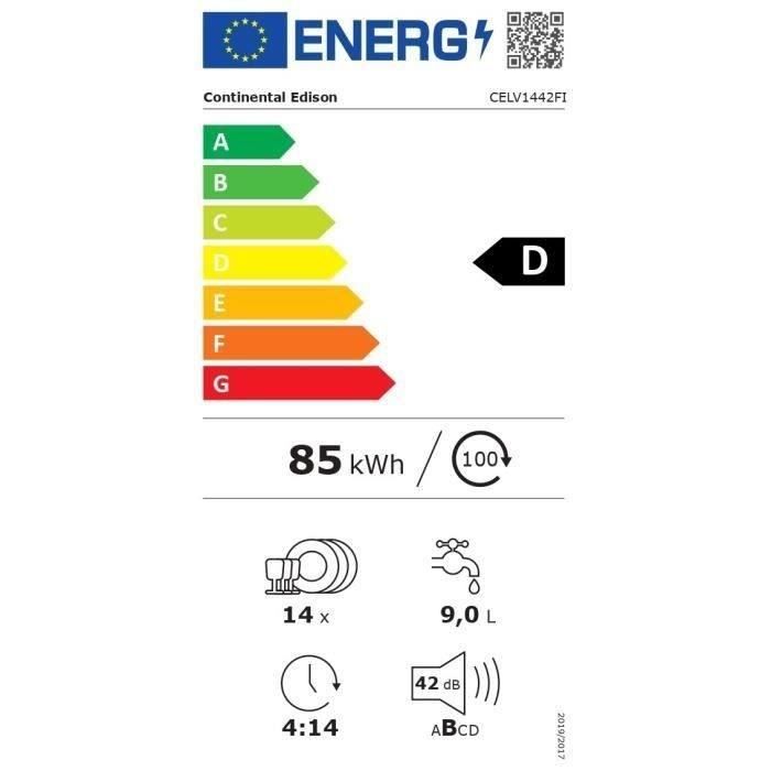 Lave-vaisselle encastrable CONTINENTAL EDISON - 14 couverts - Largeur 59,8 cm - Classe D - moteur induction - 42 dB - Blanc