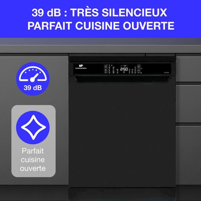 Lave-vaisselle pose libre CONTINENTAL EDISON - 15 couverts - Largeur 59,8 cm - Classe D - moteur induction - 39 dB - Noir