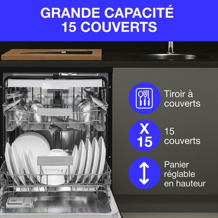 Lave-vaisselle pose libre CONTINENTAL EDISON - 15 couverts - Largeur 59,8 cm - Classe D - moteur induction - 39 dB - Noir