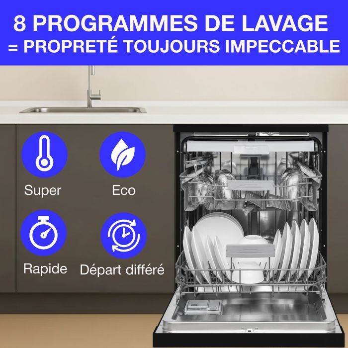 Lave-vaisselle pose libre CONTINENTAL EDISON - 15 couverts - Largeur 59,8 cm - Classe D - moteur induction - 39 dB - Noir