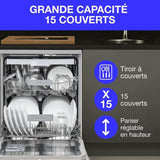 Lave-vaisselle pose libre CONTINENTAL EDISON - 15 couverts - Largeur 59,8 cm - Classe D - moteur induction - 39 dB - Silver