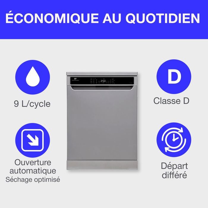 Lave-vaisselle pose libre CONTINENTAL EDISON - 15 couverts - Largeur 59,8 cm - Classe D - moteur induction - 39 dB - Silver