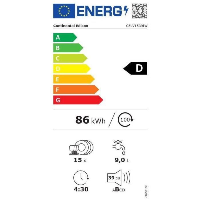 Lave-vaisselle pose libre CONTINENTAL EDISON - 15 couverts - Largeur 59,8 cm - Classe D - moteur induction - 39 dB - Blanc