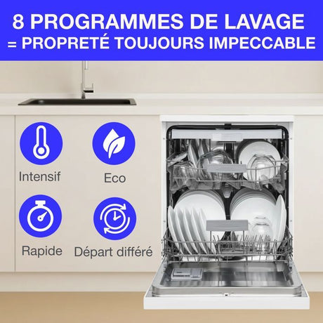 Lave-vaisselle pose libre CONTINENTAL EDISON - 15 couverts - Largeur 59,8 cm - Classe D - moteur induction - 39 dB - Blanc