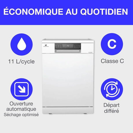 Lave-vaisselle pose-libre - CONTINENTAL EDISON - CELV1544IWP - 15 couverts - Inverter - 60 cm - 42 dB - Blanc