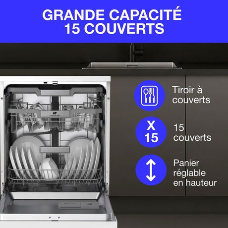 Lave-vaisselle pose-libre - CONTINENTAL EDISON - CELV1544IWP - 15 couverts - Inverter - 60 cm - 42 dB - Blanc