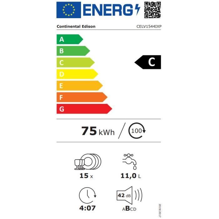 Lave-vaisselle pose libre CONTINENTAL EDISON  CELV1544IXP - 15 couverts - 42dB-Silver