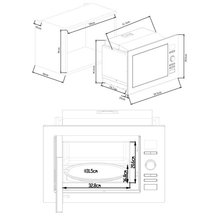 Micro ondes grill encastrable CONTINENTAL EDISON CEMO25GINE Noir Inox L59,5 x H38,8 x P40,1 cm 25L