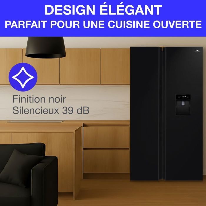 Réfrigérateur américain - CONTINENTAL EDISON - CERA505NFBD - 503 L - Total No Frost (Sans givre) - Classe D - L92 x H177 cm - Noir