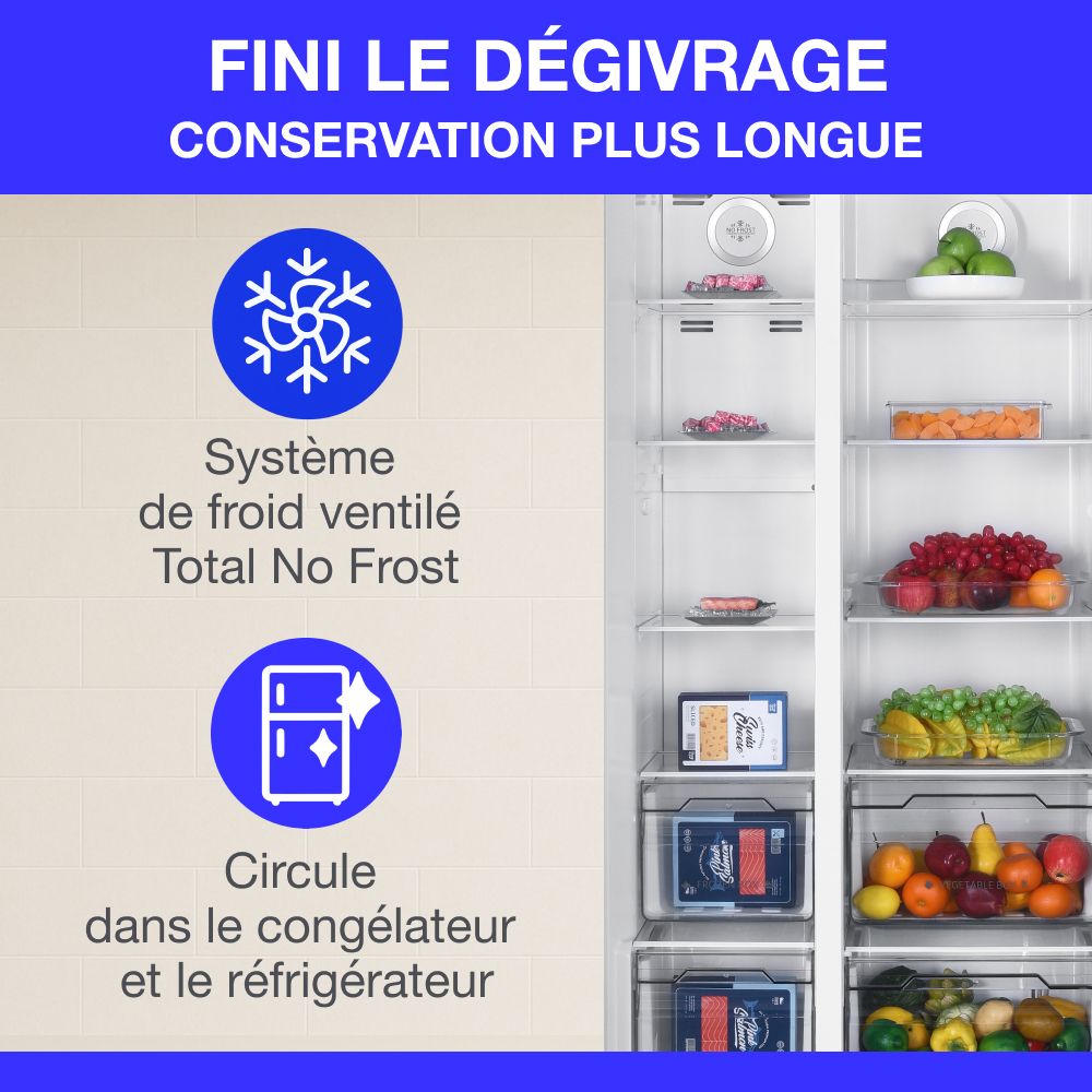 Réfrigérateur américain CONTINENTAL EDISON - CERA532NFIX-Total No Frost (Sans givre)- 529L - L90cm xH177cm - Moteur inverter-Inox