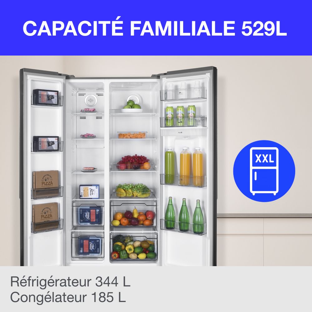 Réfrigérateur américain CONTINENTAL EDISON - CERA532NFIX-Total No Frost (Sans givre)- 529L - L90cm xH177cm - Moteur inverter-Inox