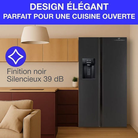 Réfrigérateur américain - CONTINENTAL EDISON - CERANF556B1 - Distributeur eau / glaçons - Classe E - 91,1 x 70,6 x 178 cm - Noir