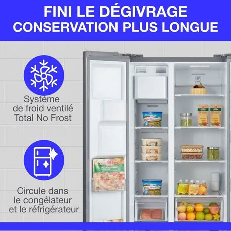 Réfrigérateur américain - CONTINENTAL EDISON - CERANF556IX1 - Distributeur eau / glaçons - Classe E - 91,1 x 70,6 x 178 cm - Silver