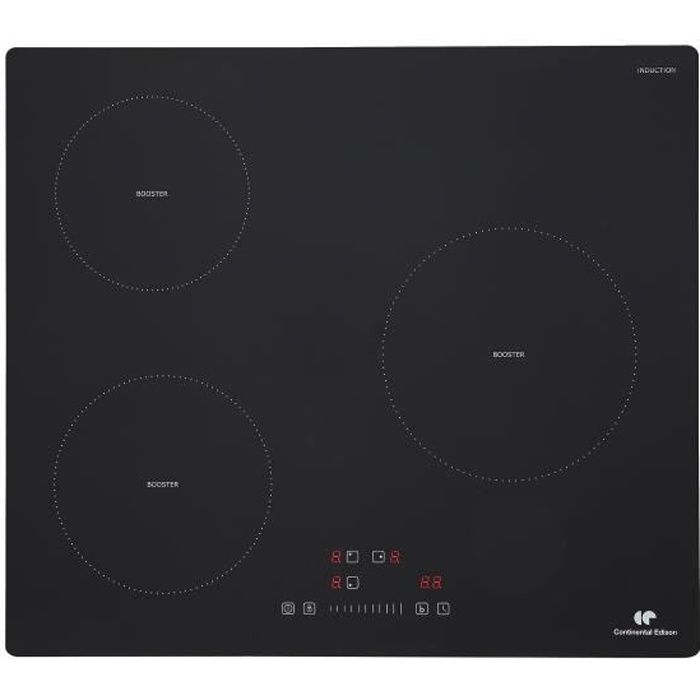 Plaque induction 3 foyers CONTINENTAL EDISON 6200W - 59 x 52 cm - 3 timers - 3 boosters - noir