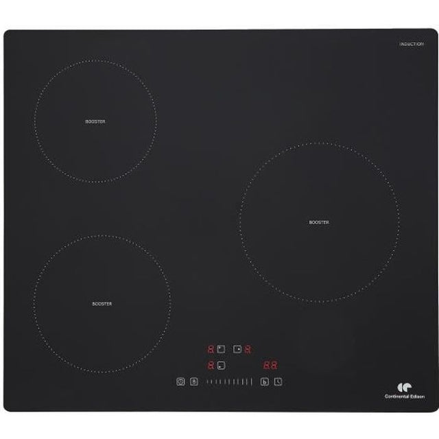 Plaque induction 3 foyers CONTINENTAL EDISON 6200W - 59 x 52 cm - 3 timers - 3 boosters - noir