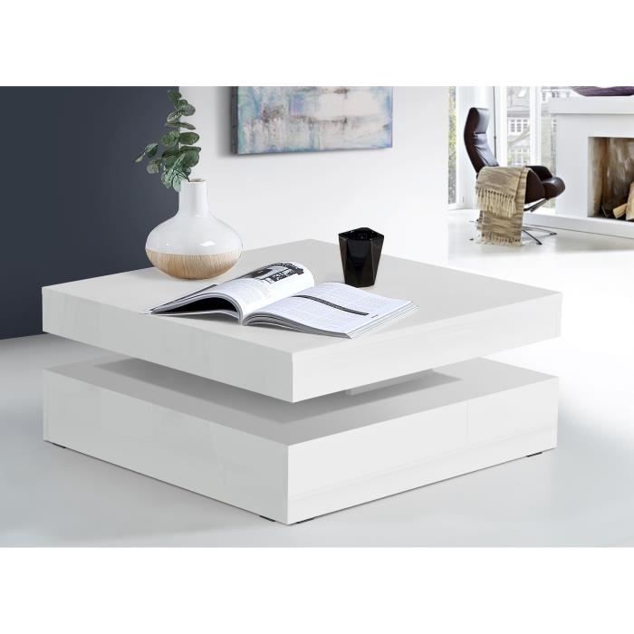 Table basse plateau rotatif - Carré  Blanc brillant - 78 x 78 x 36 cm - COFFEE