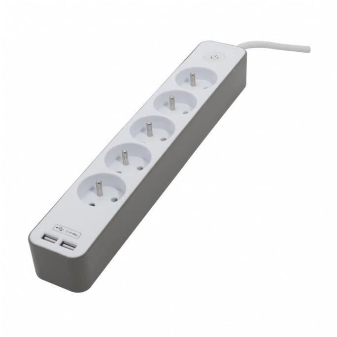 CHACON Bloc multiprise 5 prises 16 A avec 2 ports USB et câble 1,5 m HO5VV-F 3x1,5 mm˛ blanc et brun