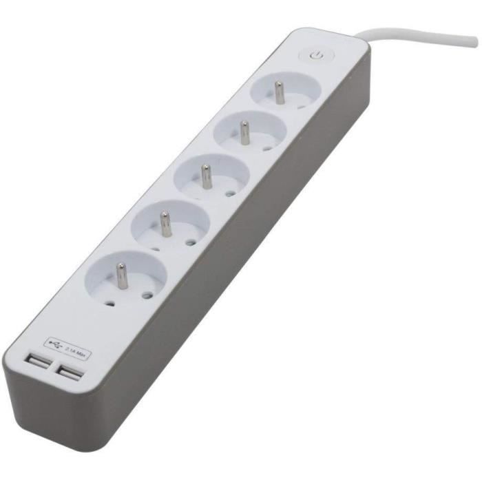 CHACON Bloc multiprise 5 prises 16 A avec 2 ports USB et c‚ble 1,5 m HO5VV-F 3x1,5 mm≤ blanc et brun