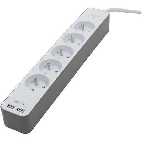 CHACON Bloc multiprise 5 prises 16 A avec 2 ports USB et câble 1,5 m HO5VV-F 3x1,5 mm˛ blanc et brun