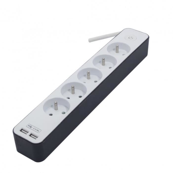 CHACON Bloc multiprise 5 prises 16 A avec 2 ports USB et c‚ble 1,5 m HO5VV-F 3x1,5 mm≤ blanc et gris