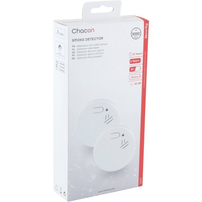 Lot de 2 détecteurs de fumée - CHACON - Optiquec pile alkaline - 9V - 85 dB - Indicateur de pile - Autonomie 5 ans