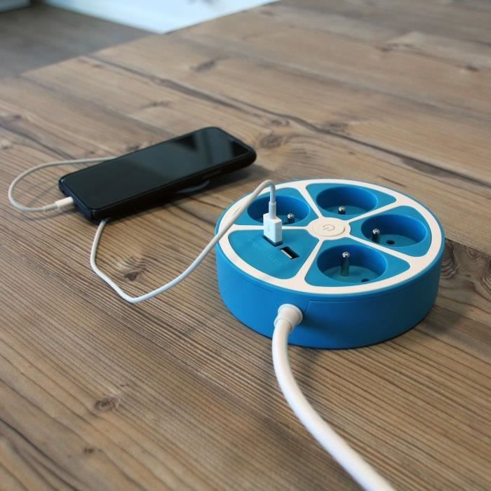 Multiprise design circulaire - CHACON -  4X16 A - Cordon 1,5 m - Avec 2 USB-A + Interrupteur - Bleu