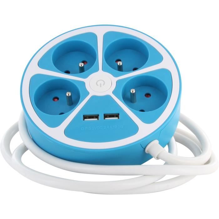 Multiprise design circulaire - CHACON -  4X16 A - Cordon 1,5 m - Avec 2 USB-A + Interrupteur - Bleu