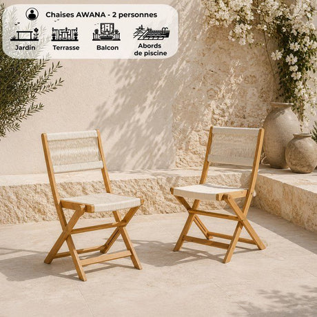 Lot de 2 chaises de jardin pliantes - AWANA - Bois d'acacia FSC - Cordage tressé - 52 x 48 x 85 cm