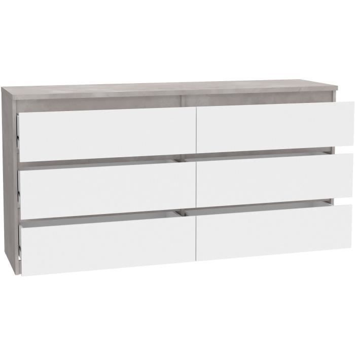 Commode CHELSEA 6 Tiroirs - Couleur blanc/béton clair - L 154 x P 42,2 x H 79,9 cm